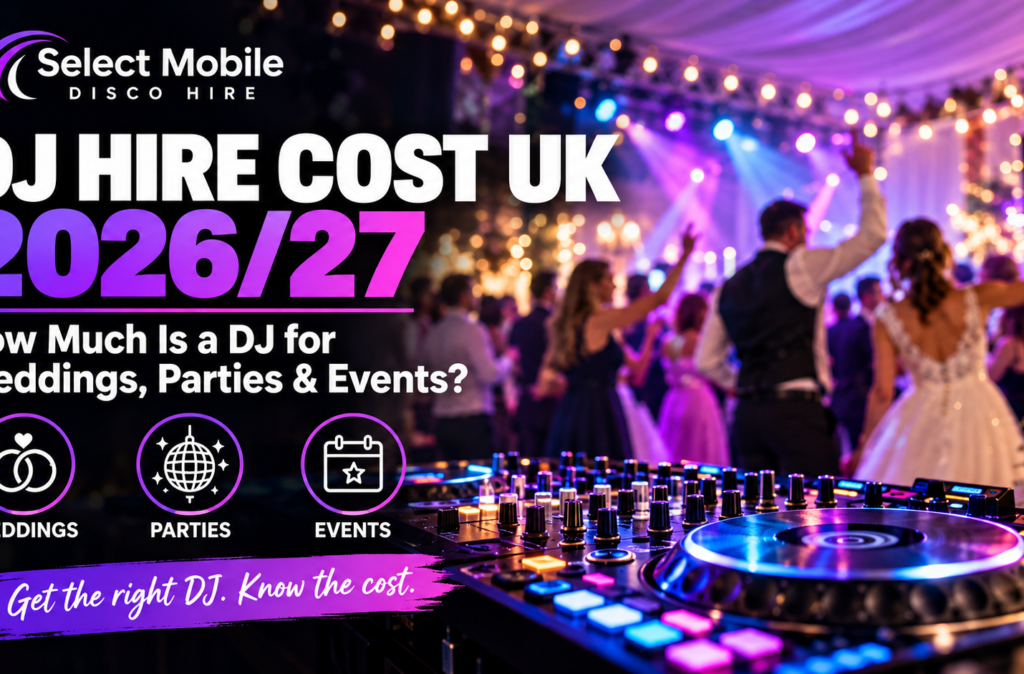 DJ hire cost UK 2026/27 guide for weddings, parties and events by Select Mobile Disco Hire