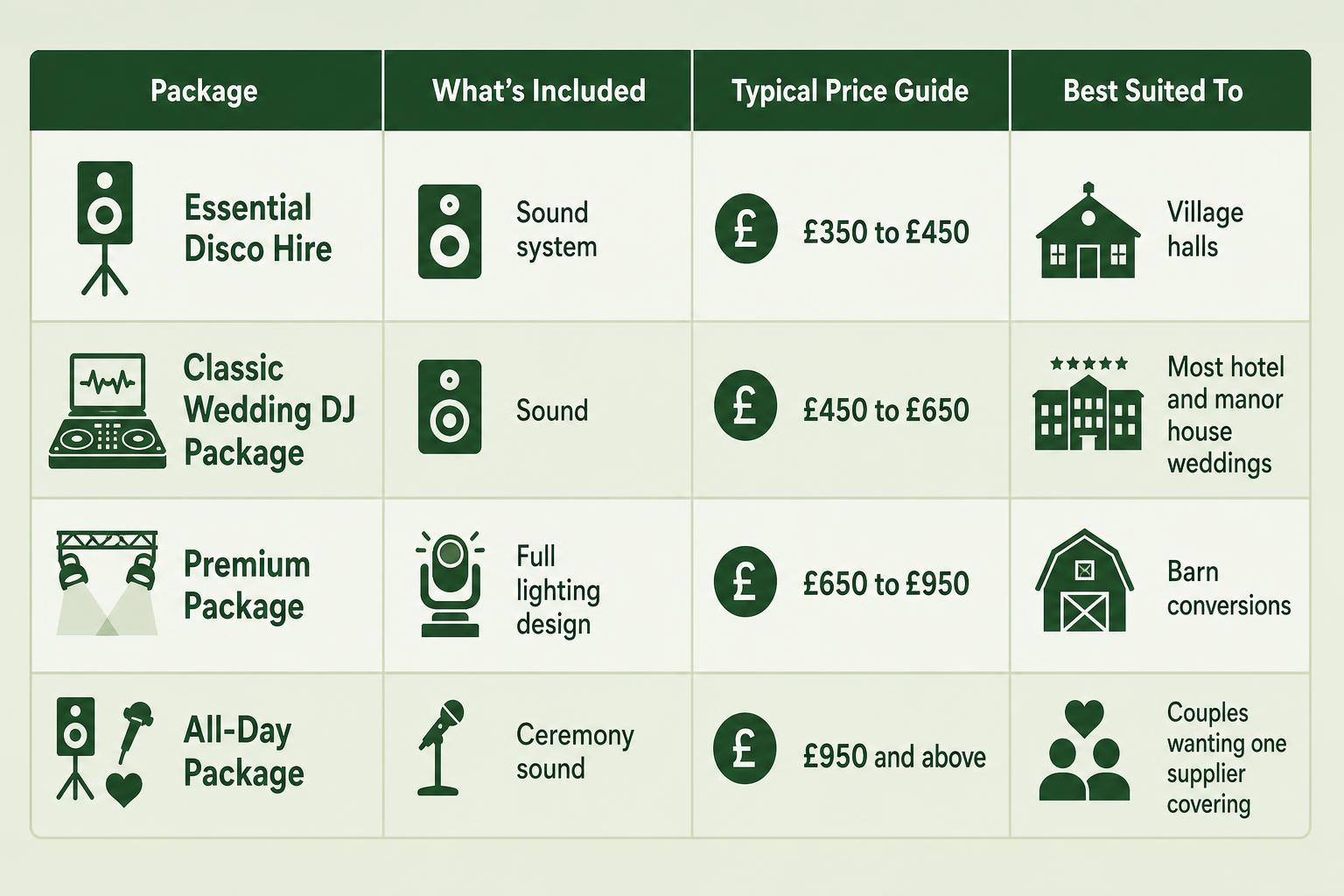 Infographic chart illustrating Bedfordshire Wedding DJ & Disco Hire